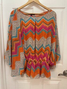 Juliette Chevron Blouse Size L Multicolor Long Sleeve Elastic Waist Top